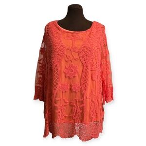 Farmers Market by One World Orange Floral Lace Quarter Sleeve Top Woman Size 1X